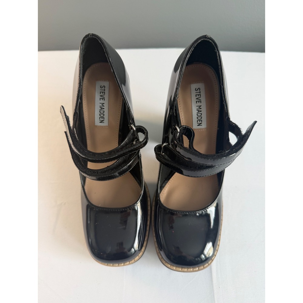 Steve Madden Twice Mary Jane Pumps Size 8.5 Black Patent Platform Block Heel Y2K